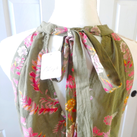 Free People Soft Army Green Pink Floral Print Top Women's Blouse Size Small NWT - Picture 3 of 7